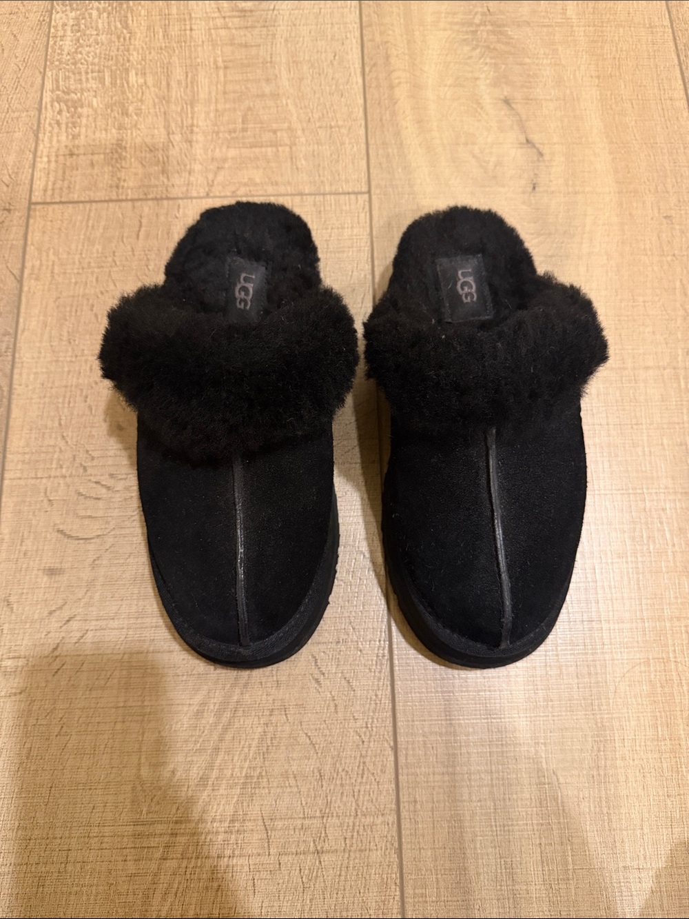 UGG Black Suede Shearling Clog Slippers